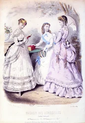 Schoolmeisjes na de prijsuitreiking, modeplaat ter promotie van het Magasin des Demoiselles, 1869